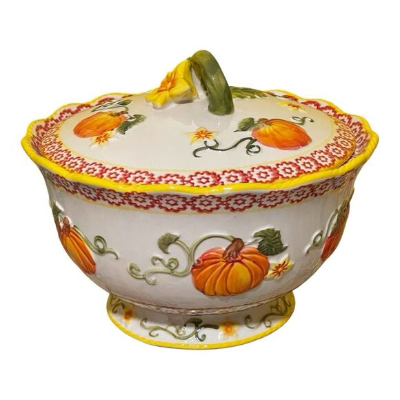 Temp-tations Tara Old World Pumpkin  Fall Harvest 3 Qt Bowl w Lid Oven/Dish Safe - Picture 1 of 7